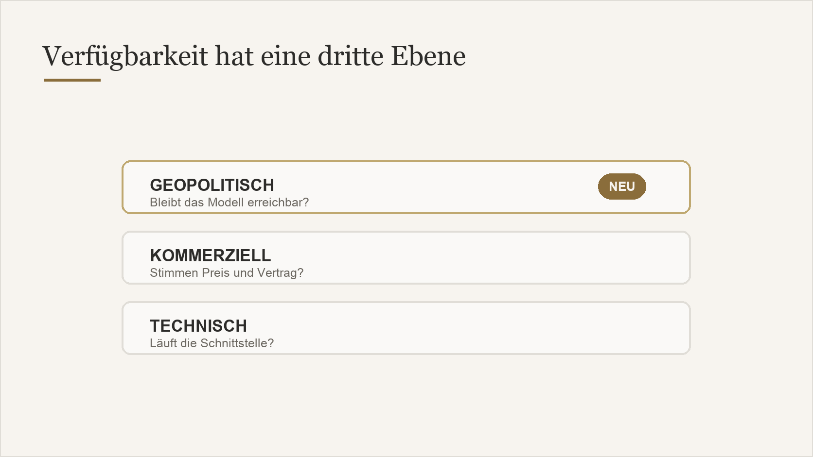 Drei Ebenen der Modell-Verfügbarkeit: technisch, kommerziell und neu geopolitisch