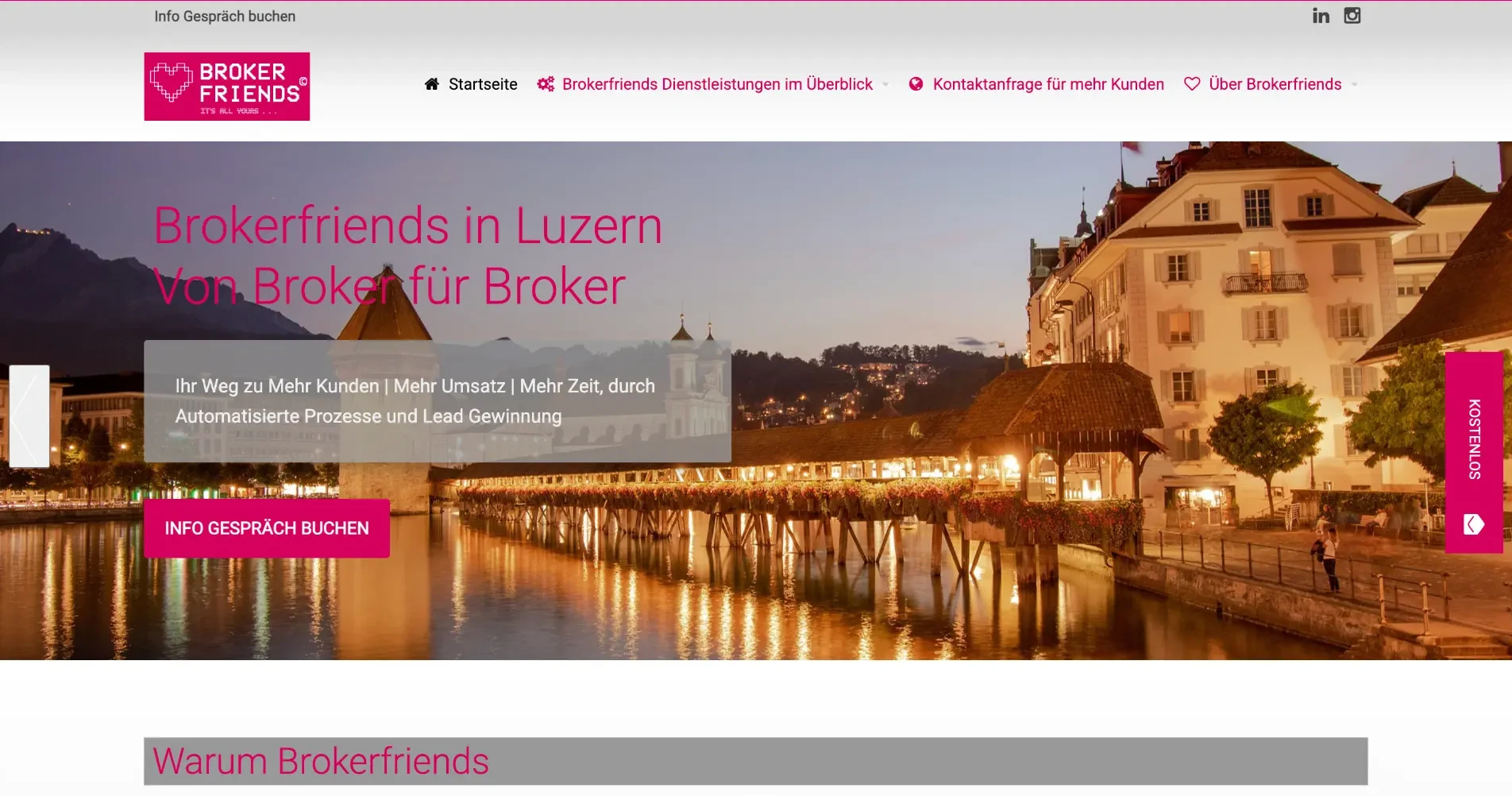 Startseite der öffentlichen Brokerfriends-Plattform mit Hero-Bild aus Luzern