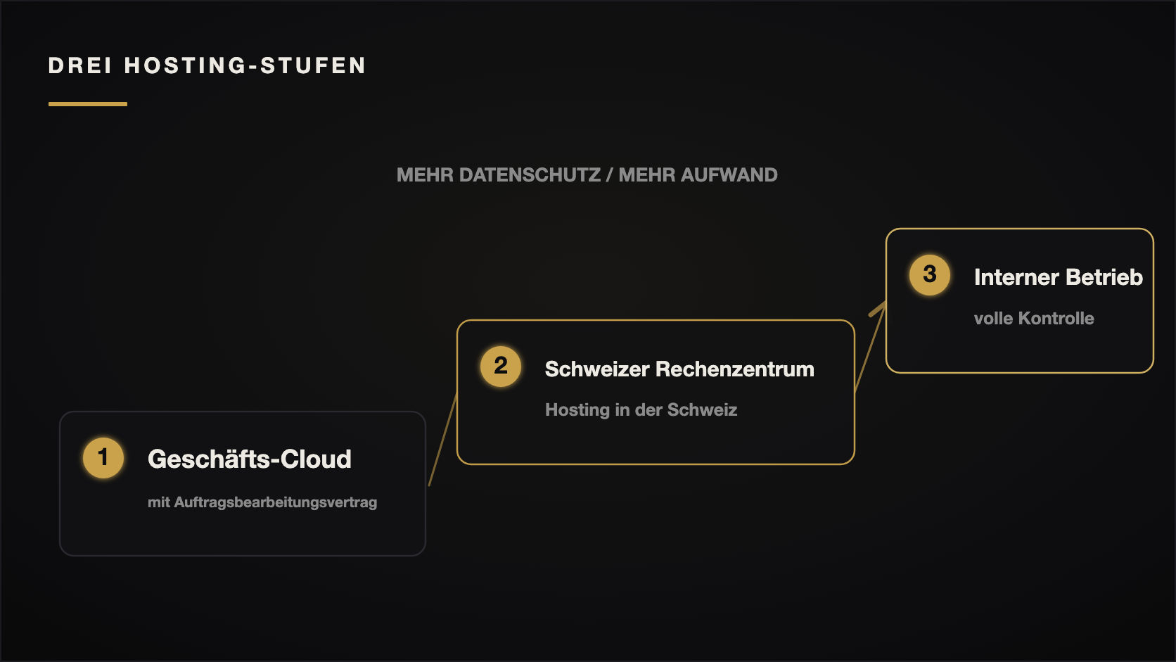 Drei Stufen des KI-Hostings von der Geschäfts-Cloud bis zum internen Betrieb in der Schweiz